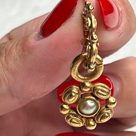 Vintage Gold-Tone Earrings With Faux Pearl Accents 2 Inches Long - Picture 4 of 7